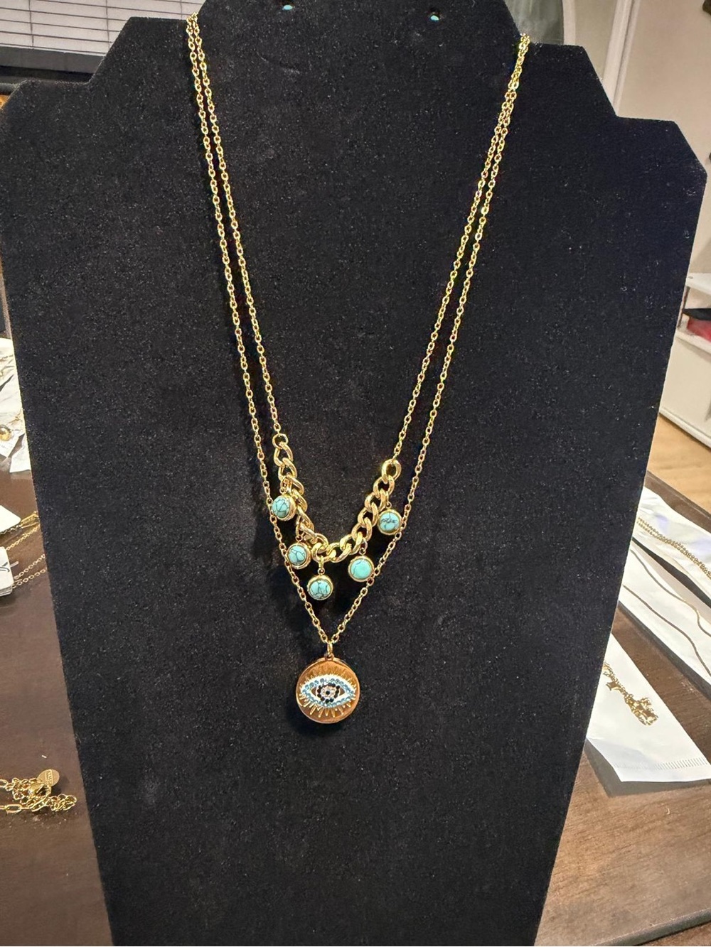 Gold Layered Necklace with Turquoise Evil Eye Pendant
